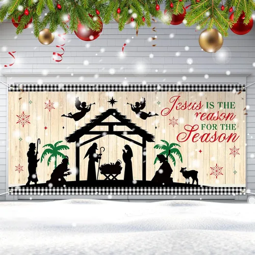 Vista 7 de Qeeenar Decoraciones Navideñas para Puerta de Garaje Establo de la Natividad Cubierta de Puerta de Garaje 6 x 13 pies Pesebre para Escena