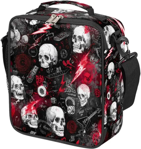 Vista 44 de Pardick Divertida bolsa de almuerzo aislada con calavera de fuego para adolescentes y niños, lonchera portátil reutilizable con correa