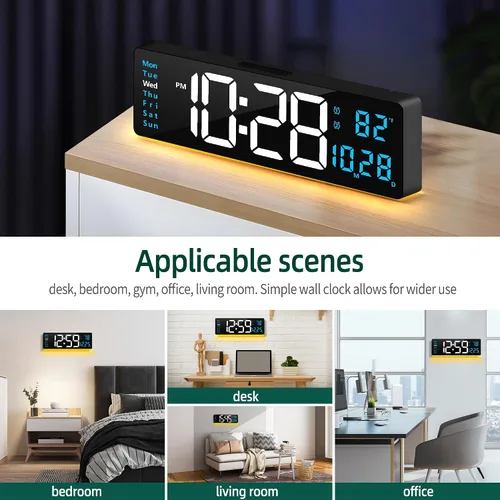 Vista 7 de LEIKE Reloj de pared digital grande de 16 pulgadas, control remoto, 2 alarmas, pantalla LED, DST automático, temperatura, reloj de luz nocturna
