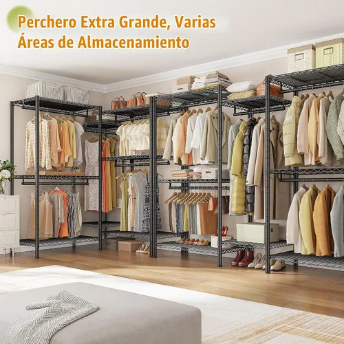 Vista 3 de Raybee Perchero en forma de L para esquina, percheros para colgar ropa, 900 libras, perchero resistente para ropa, 74.5 pulgadas de ancho x 18 Negro