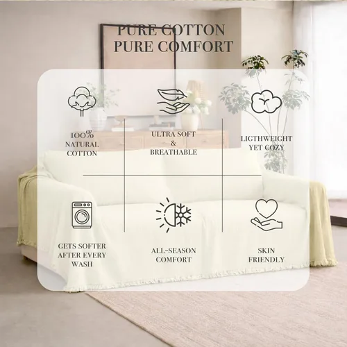 Vista 5 de Funda de sofá color crema 100% algodón orgánico, fundas lavables para sofá de dos plazas, futón, sofá seccional en forma de L, en forma de U, funda