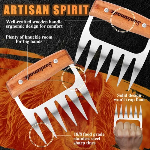 Vista 3 de Garras trituradoras de carne de acero inoxidable Cerdo desmenuzado, pollo desmenuzado, accesorios para ahumar barbacoa, regalos para hombres