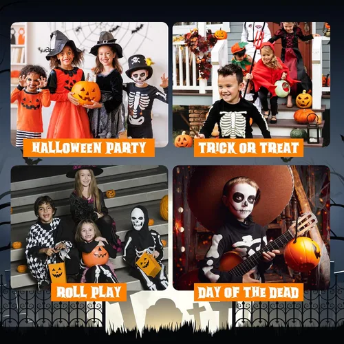 Vista 7 de Hoosige Disfraz de esqueleto de Halloween para niños, overol de esqueleto que brilla en la oscuridad, overol para niños, overol de cosplay, fiesta