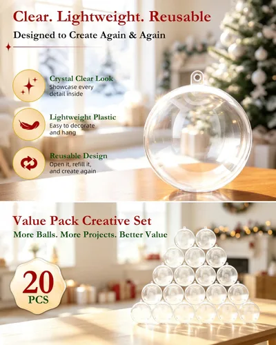 Vista 7 de 20 Pack Clear Plastic Fillable Christmas Ornaments Balls, 50mm