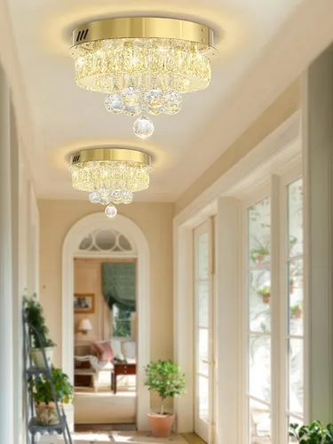 Vista 8 de Mini Lámpara de Araña Empotrada de 12" de Diámetro para Pasillo, Candelabros de Techo de Cristal para Comedor, Dormitorio, Sala de Estar, Entrada