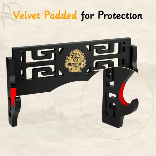 Vista 4 de Alyoen Soporte de pared Katana para espada Samurai con gancho acolchado de terciopelo y patrón de dragón, soporte de espada para sable de luz