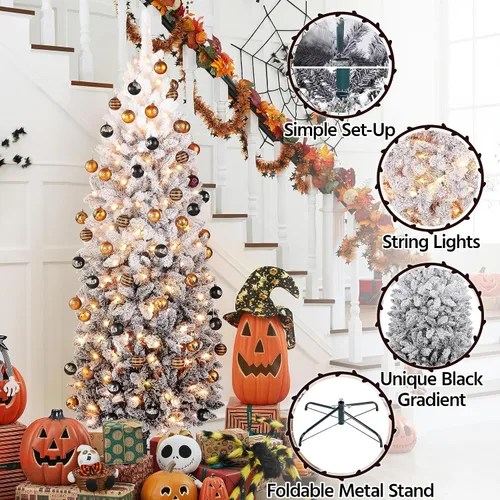 Vista 5 de Yaheetech Árbol de Navidad de Abeto Tipo Lápiz Preiluminado con Nieve Artificial de 6 pies con Bisagras, Árbol de Navidad Delgado para Esquina Negro