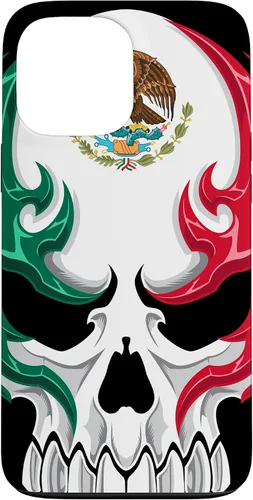 Vista 24 de Funda para iPhone 17 con diseño de bandera de México, diseño tribal de calavera mexicana