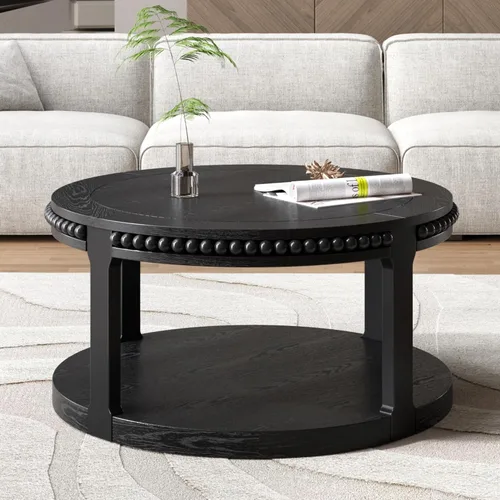 Vista 24 de Mesa de centro redonda de madera de 31.49 pulgadas con almacenamiento, mesa de centro circular acanalada de 2 niveles con tapa y estante para sala