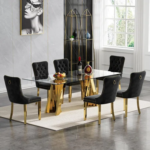 Vista 35 de Juego de mesa de comedor de cristal dorado moderno de 70 pulgadas para 4, juego de mesa rectangular de comedor de cocina de 5 piezas con base