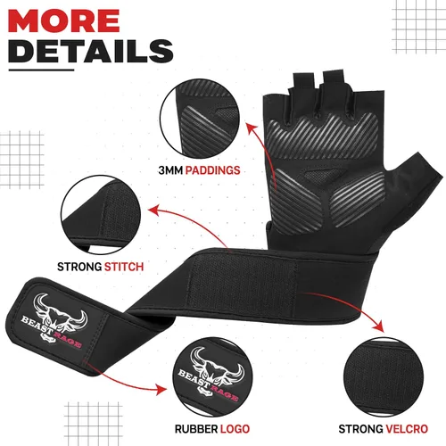 Vista 2 de BEAST RAGE Guantes de entrenamiento acolchados para hombres, correas largas para la muñeca estabilizan el agarre para adultos, guantes