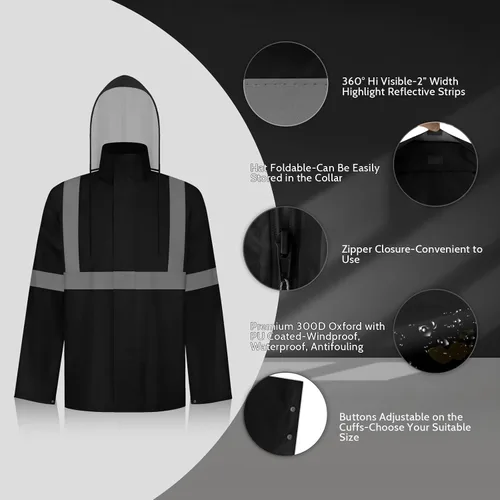 Vista 39 de TCCFCCT Chaqueta de lluvia de alta visibilidad para hombre, impermeable, abrigo de lluvia de alta visibilidad para hombres y mujeres con capucha