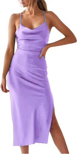 Vista 3 de xxxiticat - Vestido de satén sin mangas con tirantes delgados para mujer, para playa, noche, fiesta, de cuello esbozado, con lunares, de leopardo