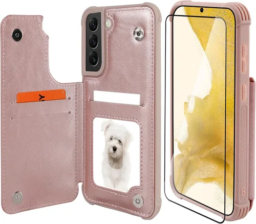 Vista 18 de VANAVAGY Funda tipo cartera compatible con Galaxy S22 con soporte para tarjetas de bloqueo RFID, piel sintética, cierre magnético, función atril