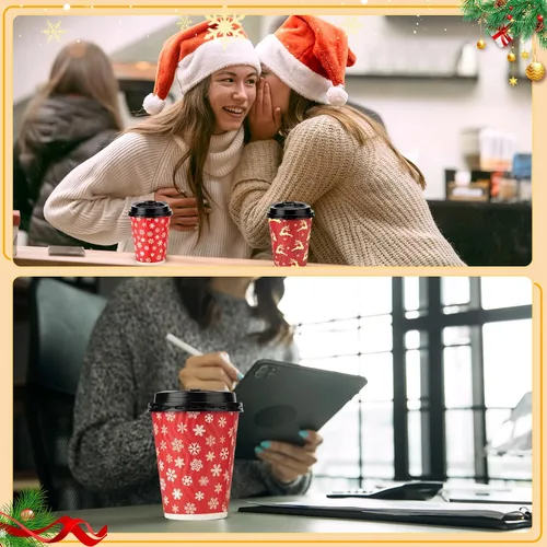 Vista 6 de Maxcheck 100 tazas de Navidad con tapa, taza de café desechables de 12 onzas a granel, papel de pared ondulado aislado para decoración de fiestas