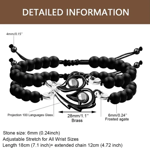Vista 6 de Pulseras de proyección en 100 idiomas con texto en inglés "I Love You", 2 piezas de rompecabezas de corazón de amor, pulseras ajustables