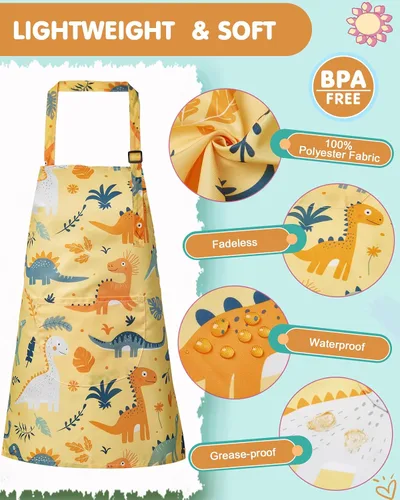 Vista 2 de Lictin Paquete de 2 delantales para niños y niñas para cocinar, delantal de arte impermeable con bolsillos para niños, pintar, cocinar, hornear