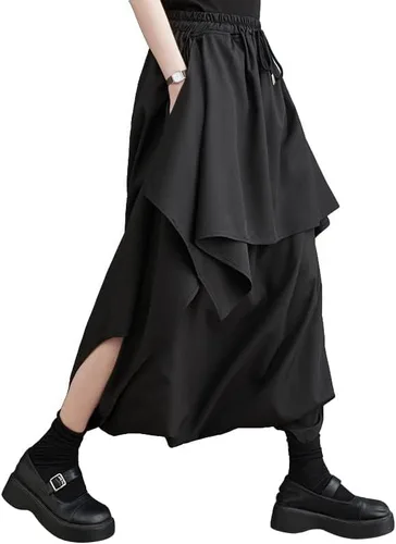 Vista 2 de ellazhu Pantalones de pierna ancha de color sólido para mujer, falda con bolsillos laterales, ropa casual de descanso, estilo culotte, pantalones