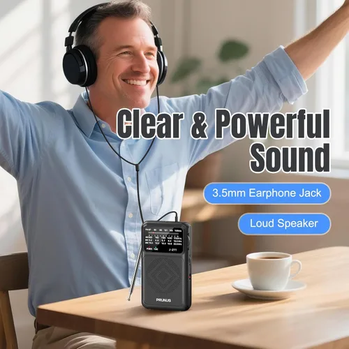 Vista 4 de PRUNUS J-211 - Radio portátil AM FM con carga USB C y operada por baterías AA, radio de transistor, fuerte recepción y altavoz claro, conector