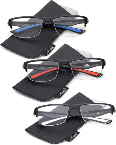 Vista 3 de Newbee Fashion - Paquete de 3 gafas de lectura deportivas para hombre, medio marco, 1.00 dioptrías, azul, rojo y blanco