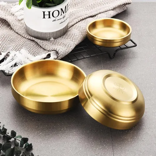 Vista 5 de Paquete de 4 platos dorados de acero inoxidable para salsa de soja, cuencos de inmersión de doble cubierta, cuencos pequeños para condimentos, mini