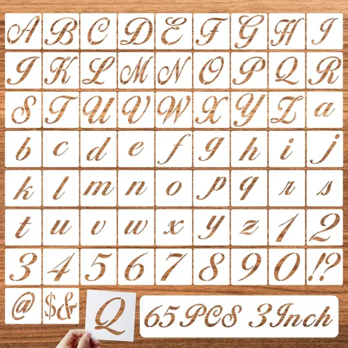 Vista 10 de Plantillas de símbolos de 1 pulgada para pintar sobre madera, 65 plantillas de dibujo del alfabeto con letras mayúsculas caligráficas y cursivas
