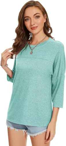 Vista 101 de ZENNILO Camisetas casuales de manga 3/4 para mujer, holgadas, cuello redondo, lindas camisetas básicas
