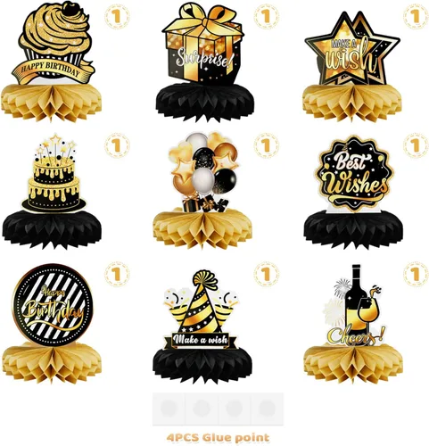 Vista 7 de 9 piezas de decoración de mesa de fiesta de cumpleaños, centros de mesa de panal de abeja de oro negro para mesa, decoración de mesa de cumpleaños