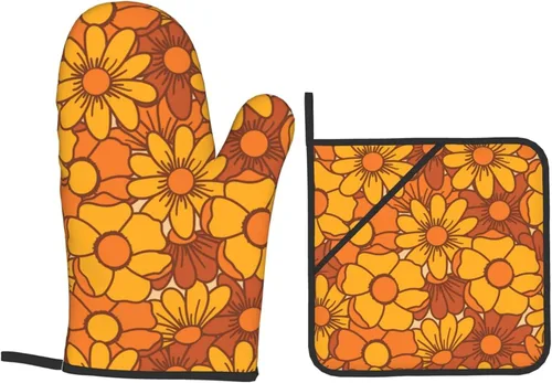 Vista 7 de Juego de 4 guantes de horno y soportes para ollas florales de los años 70, resistentes al calor, para cocina, hornear, asar a la parrilla, barbacoa