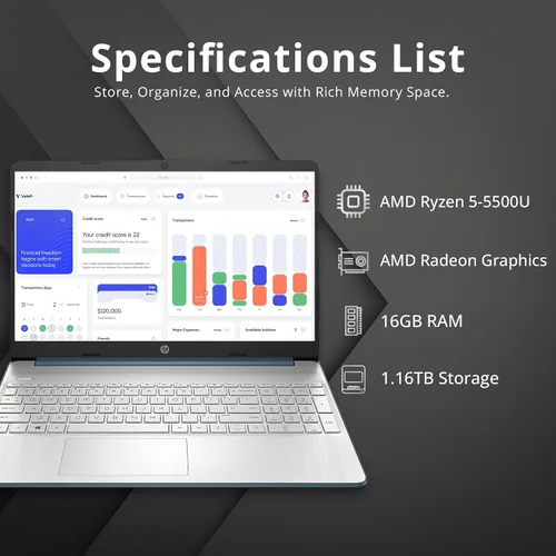 Vista 3 de HP Laptop FHD de 15.6", AMD Ryzen 5-5500U, 16 GB de RAM, almacenamiento de 1.16 TB (1 TB SSD + 160 GB de estación de acoplamiento), gráficos AMD