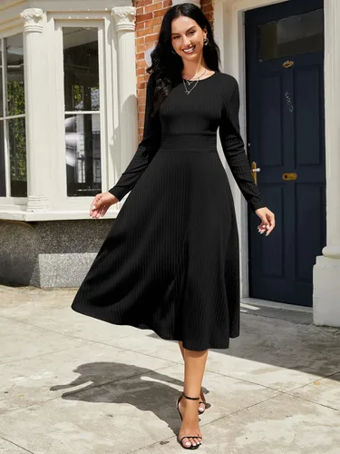 Vista 4 de ZAFUL Vestido largo casual de manga larga para mujer, de punto acanalado, cuello redondo, cintura alta, acampanado, color sólido, vestido midi