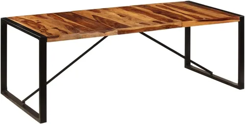 Vista 22 de Mesa de comedor industrial de 47.2 pulgadas, mesa de cocina de madera maciza de mango áspero con patas de acero, marrón y negro, para comedor
