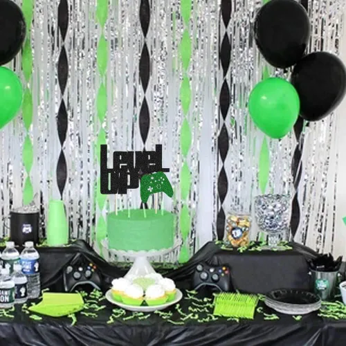 Vista 4 de Level Up - Decoración para tartas con purpurina negra y verde para fiesta de videojuegos, controlador de videojuegos, fanáticos de juegos, temática
