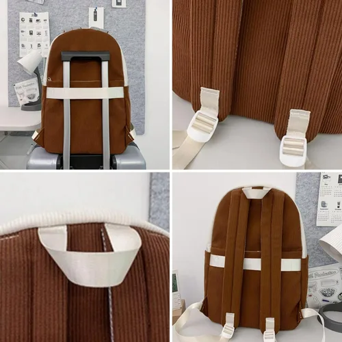 Vista 5 de Verdancy Mochila retro de pana para adolescentes, escuela, universidad, viajes, vintage, estética, mochila kawaii, mochila escolar casual, Marrón