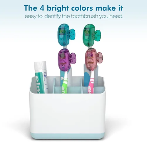 Vista 4 de Nincha Paquete de 4 fundas multicolor para cabezales de cepillo de dientes, protector universal con clip para cepillos manuales y eléctricos, morado