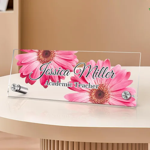 Vista 43 de Placa de identificación personalizada para escritorio, decoración de oficina de acrílico transparente con diseño de flores, decoraciones