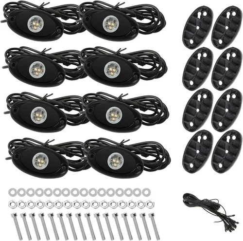 Vista 7 de SUNPIE 8 cápsulas de luces de roca de conexión rápida azul, cables de extensión de 4M para cada luz, 3 chips de alta potencia, almohadillas