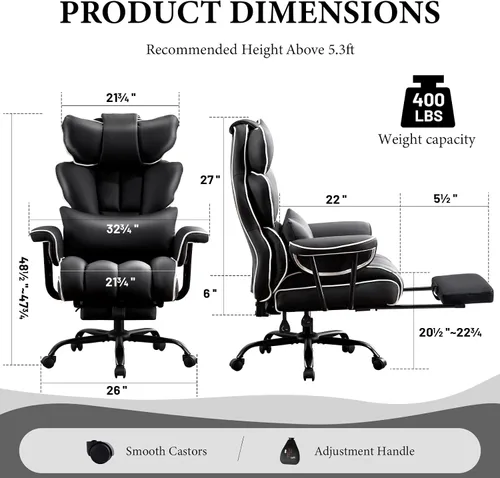 Vista 2 de Silla de oficina ejecutiva reclinable grande y alta, cuero Negro