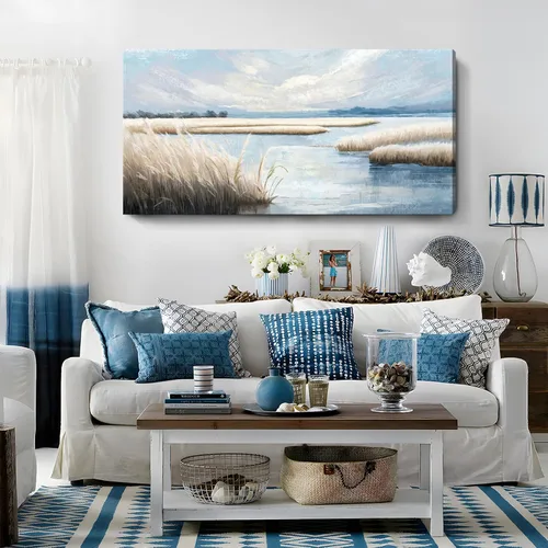 Vista 8 de Arte de pared para baño, decoración costera, barco náutico en la playa, lienzo con imagen de gaviota del océano, paisaje marino, arte de granja