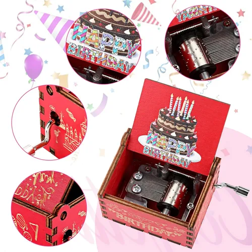 Vista 4 de Amaxiu Caja de música de manivela, caja de música de madera de feliz cumpleaños, caja musical vintage grabada a mano, mini caja de música melodía