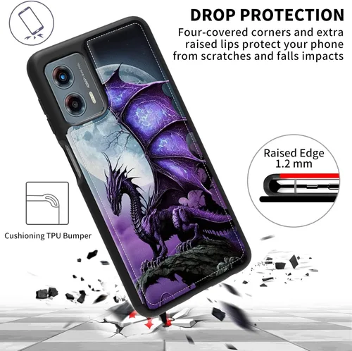 Vista 7 de FUYOCWE Funda para Motorola Moto G 5G 2023 con tarjetero, diseño de dragón morado bajo luna llena, piel sintética, función atril, ranura
