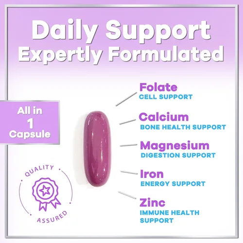 Vista 6 de Multivitamínico para mujer – Multivitaminas diarias completas para mujer con biotina, calcio, ácido fólico, hierro, zinc, vitamina A, C, D, E y B