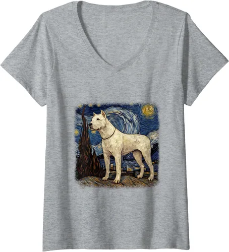 Vista 7 de Womens Van gogh Dogo Argentino in starry night V-Neck T-Shirt