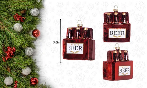 Vista 3 de Paquete de 2 adornos de cerveza de vidrio soplado a mano para árbol de Navidad, vidrio pintado a mano, paquete de 6 adornos de cerveza y adorno