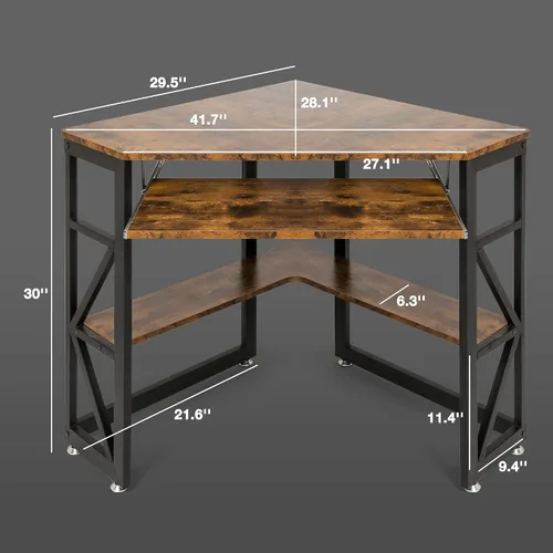 Vista 3 de LUCKYERMORE Escritorio esquinero para espacio pequeño, escritorio triangular para computadora con bandeja para teclado y estantes de almacenamiento