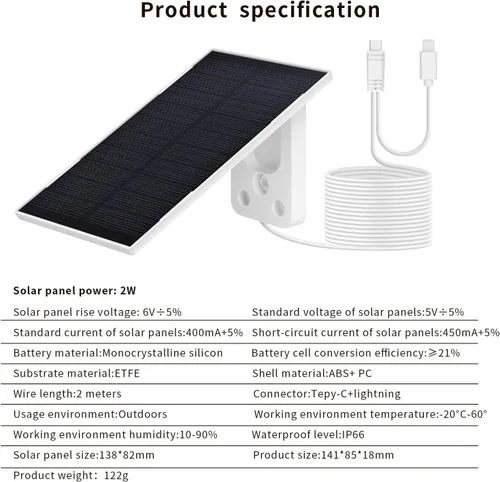 Vista 3 de Panel solar impermeable portátil de 3 W 5 V con soporte ajustable micro USB y tipo C de 6 pies para cámara de seguridad de anillo al aire libre