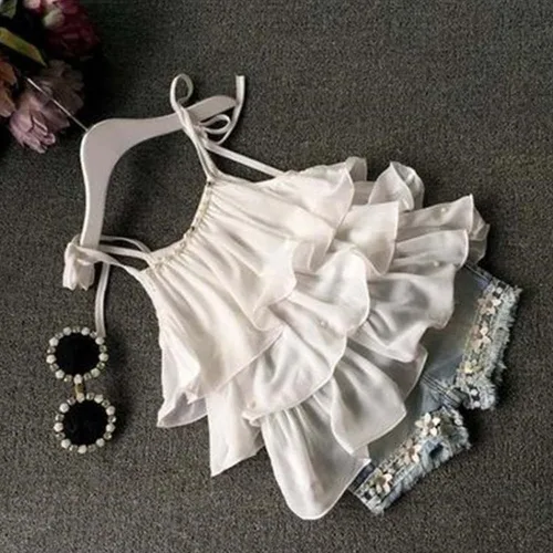 Vista 3 de Conjunto de ropa de chaleco de gasa con perlas y pantalones cortos de mezclilla para bebés de 2 a 7 años