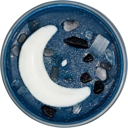 Vista 2 de New Moon Beginnings Vela Crescent Moon - Vela en tarro de cristal - Aroma cálido, picante, amaderado - Azul - Estilo moderno - Tema de luna - Para