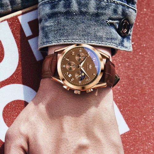 Vista 8 de OLEVS Relojes de hombre de cuero marrón con fecha, relojes casuales para hombre, relojes de cara grande para hombre, cronógrafo para hombre, reloj