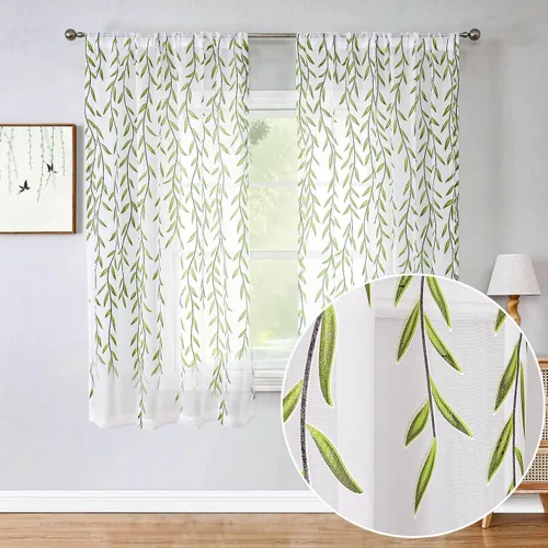 Vista 11 de BROSHAN - Cortinas transparentes con estampado verde, color blanco, 2